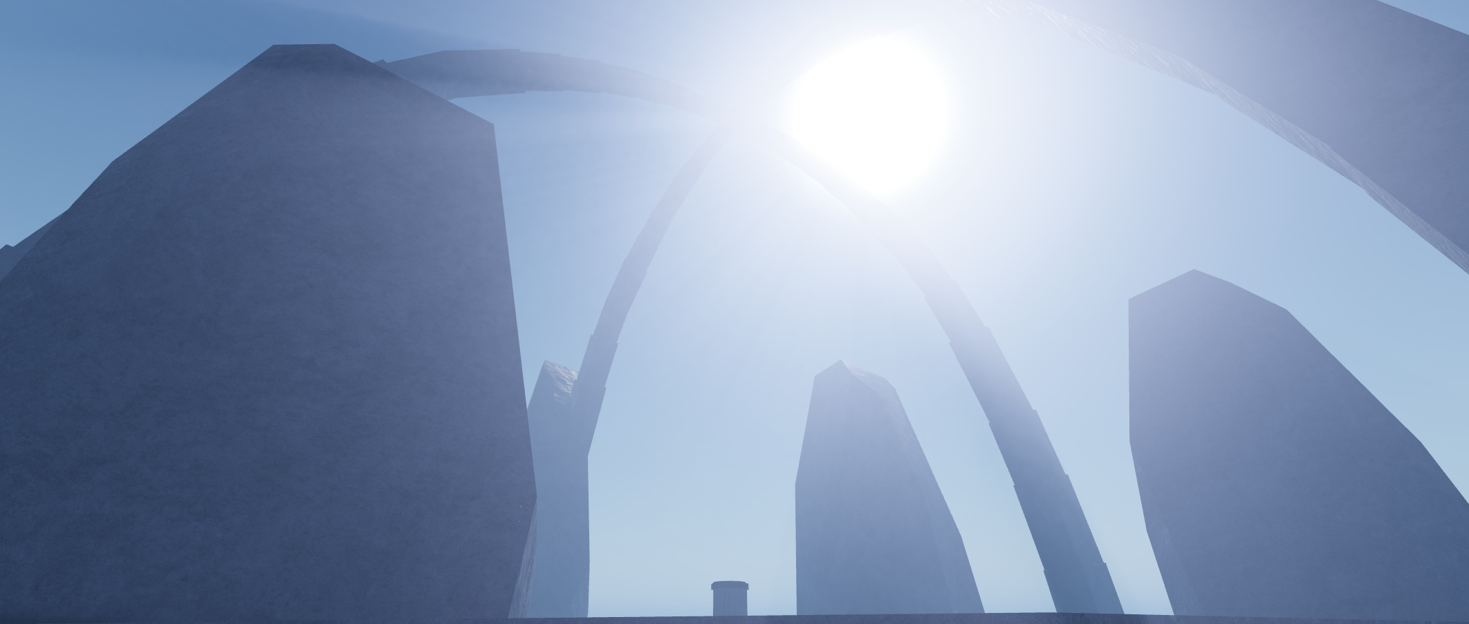 Sunlight falling between the immense stone arches of Voyage